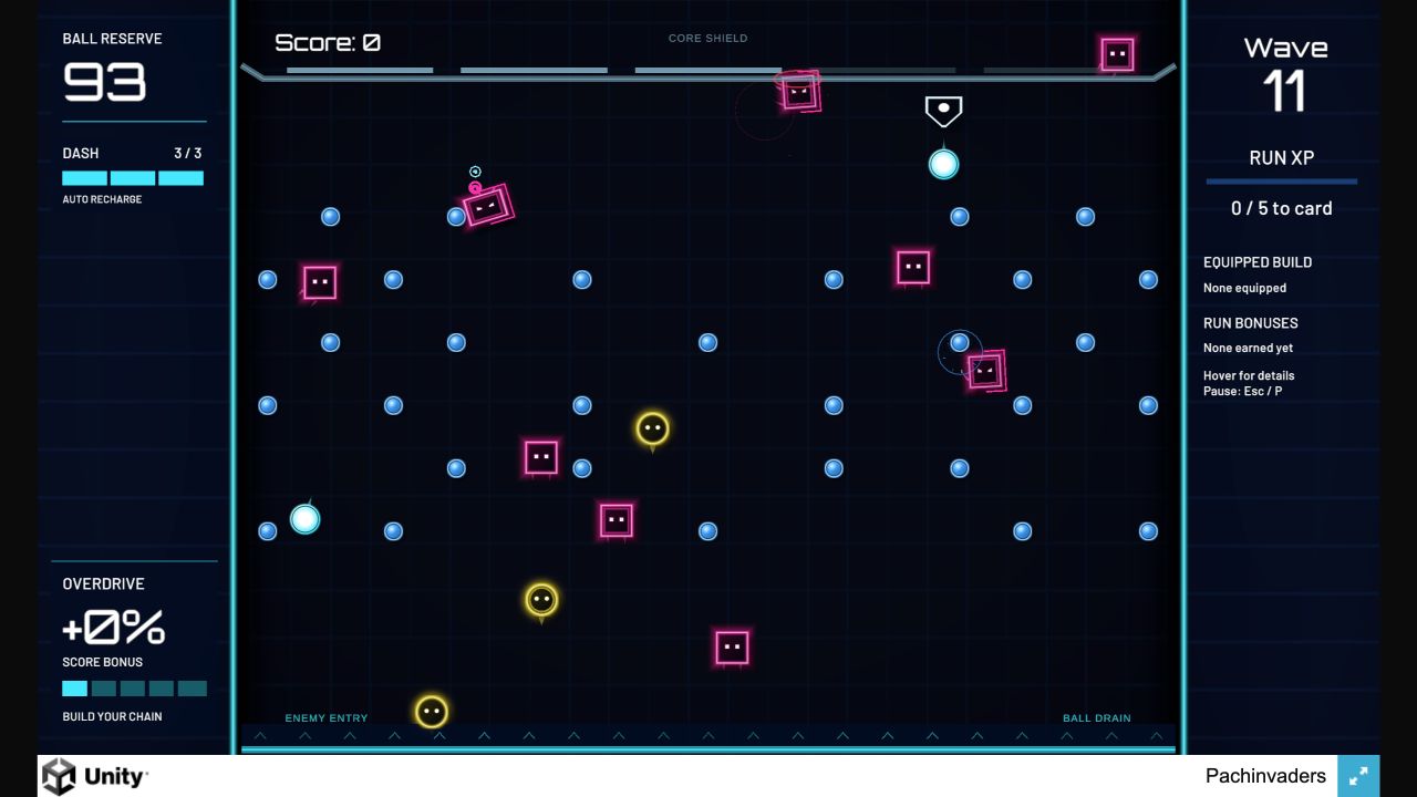 Pachinvaders gameplay: shots ricochet through blue pegs toward pink square and yellow circle enemies.